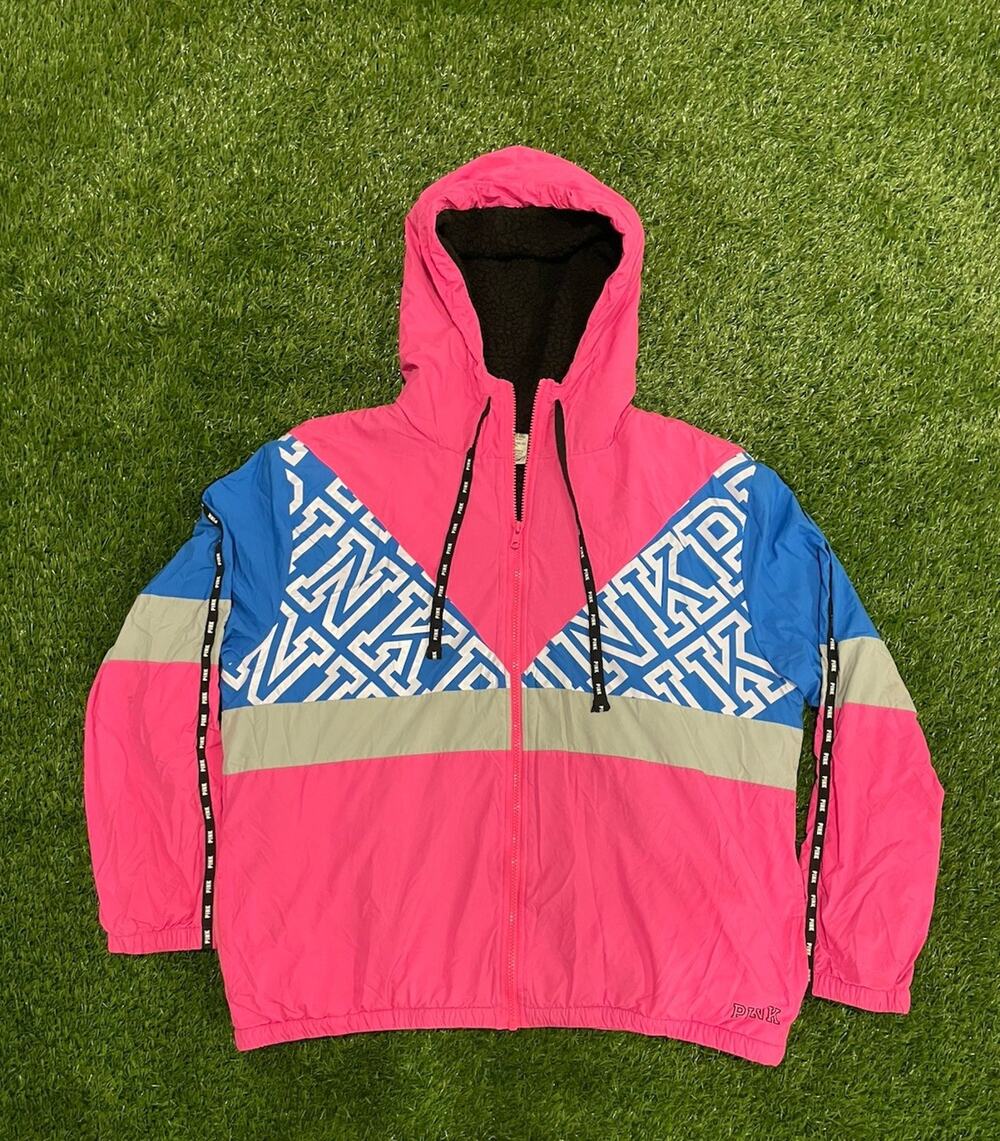 Victorias Secret PINK Sherpa Lined Colorblock Hooded Windbreaker Jacket M/L
